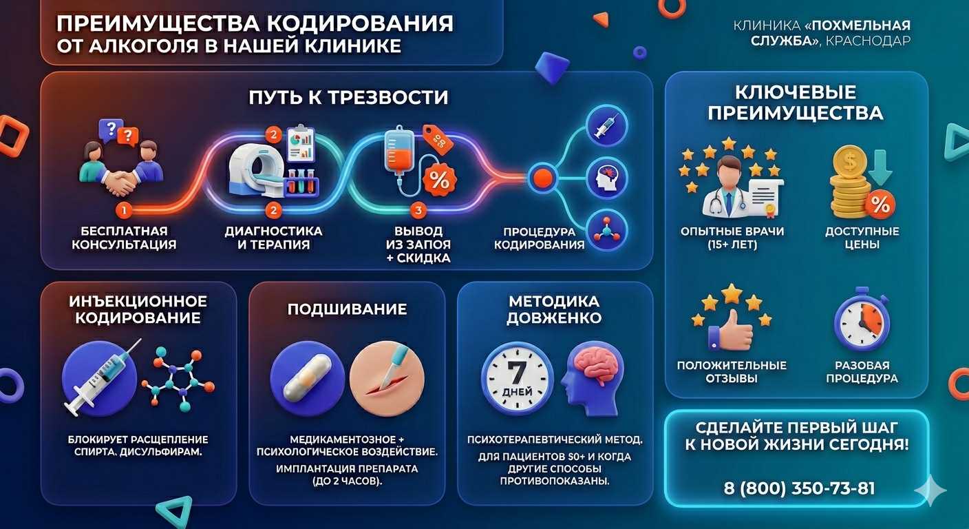 Инфографика о методах кодирования от алкоголя в Заларях: инъекции, подшивание, метод Довженко. Преимущества клиники и этапы лечения.