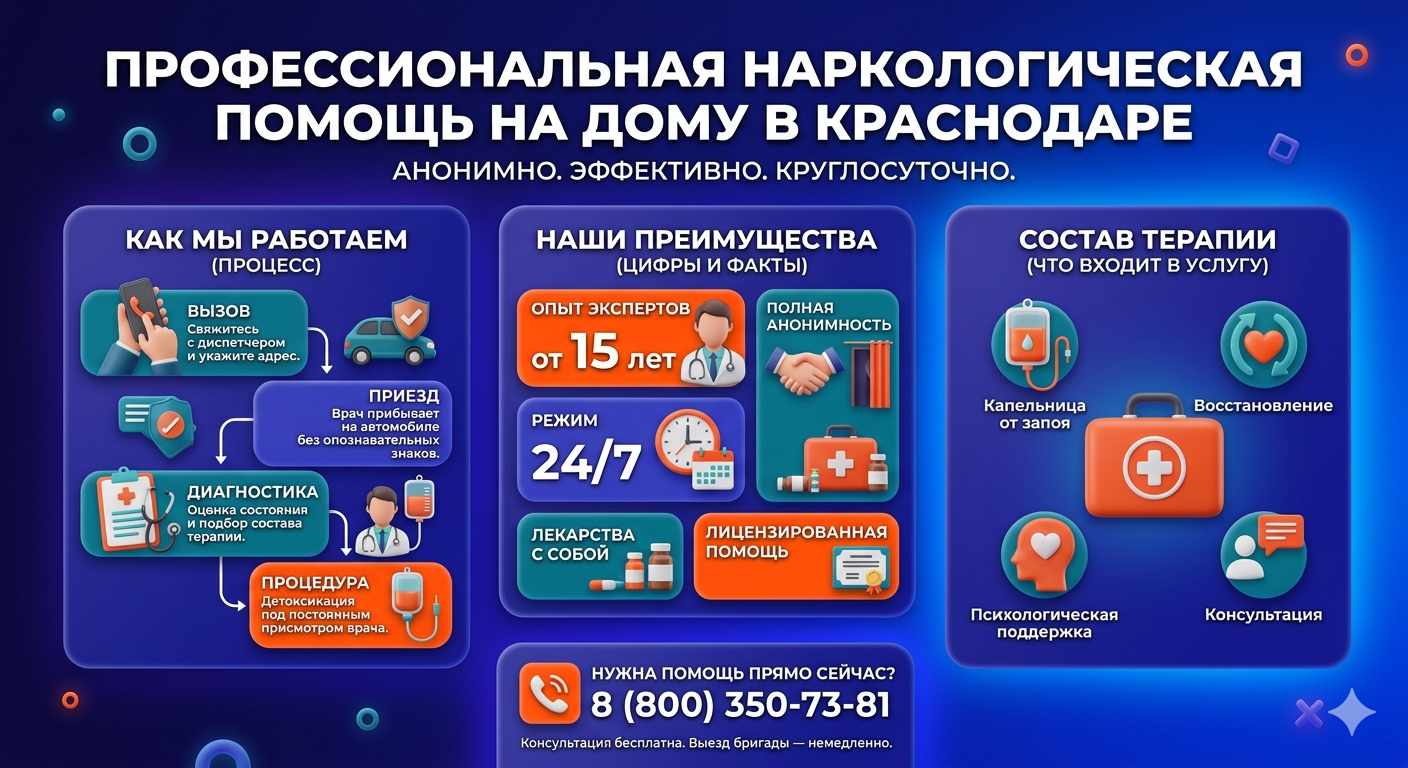 Инфографика о принципах лечения алкоголизма на дому в Заларях: этапы вызова нарколога, преимущества анонимной детоксикации и состав медицинской помощи.